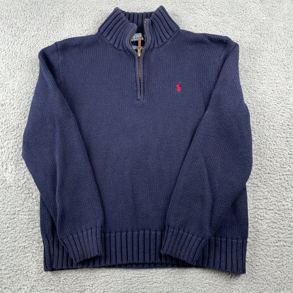 Polo Ralph Lauren Sweater Mens Large Navy Blue 1/4 Zip Cotton Chunky Knit - Picture 2 of 8